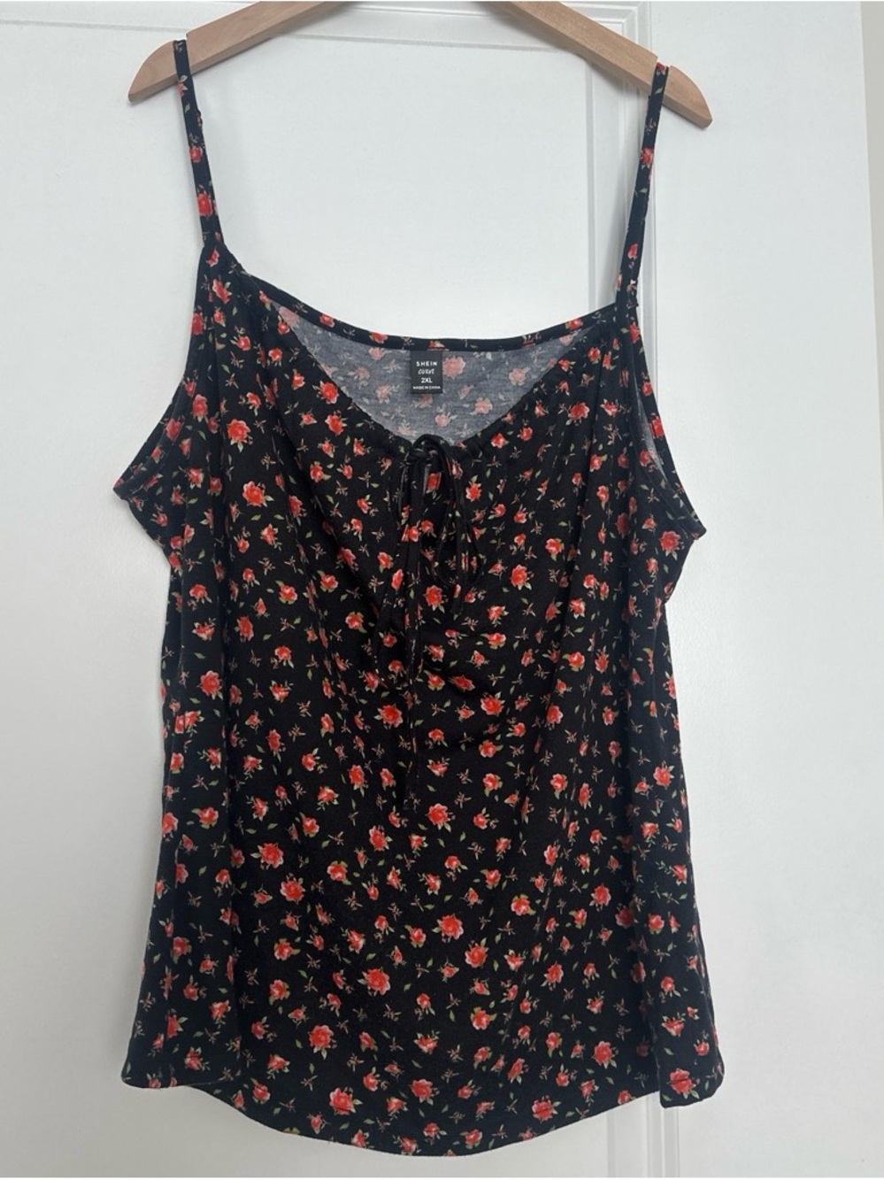 SHEIN Black Floral Tie-Front Cami with Red Roses